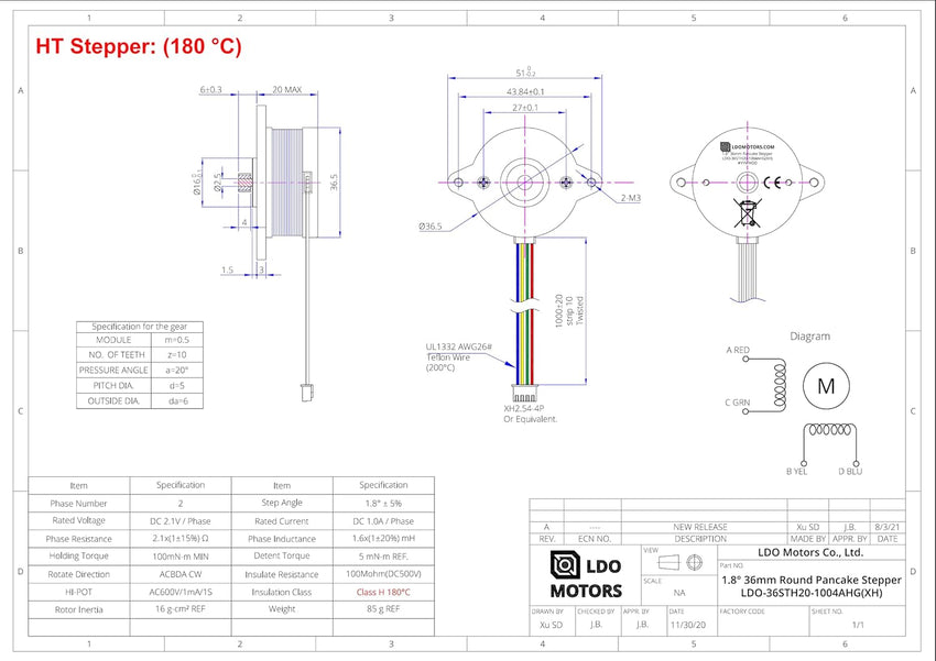 LDO Motors NEMA14 Motor tipo panqueque redondo de 36 mm LDO-36STH20-1004AHG(XH)